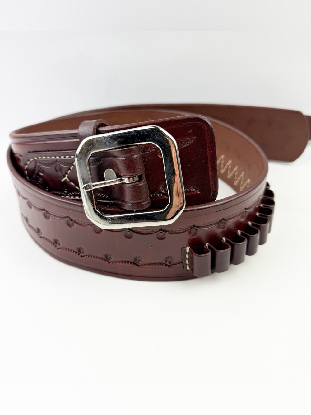 Triple K x NRA Western Tooled Cartridge Belt Leather Brown Cowboy Rugged 42.5”